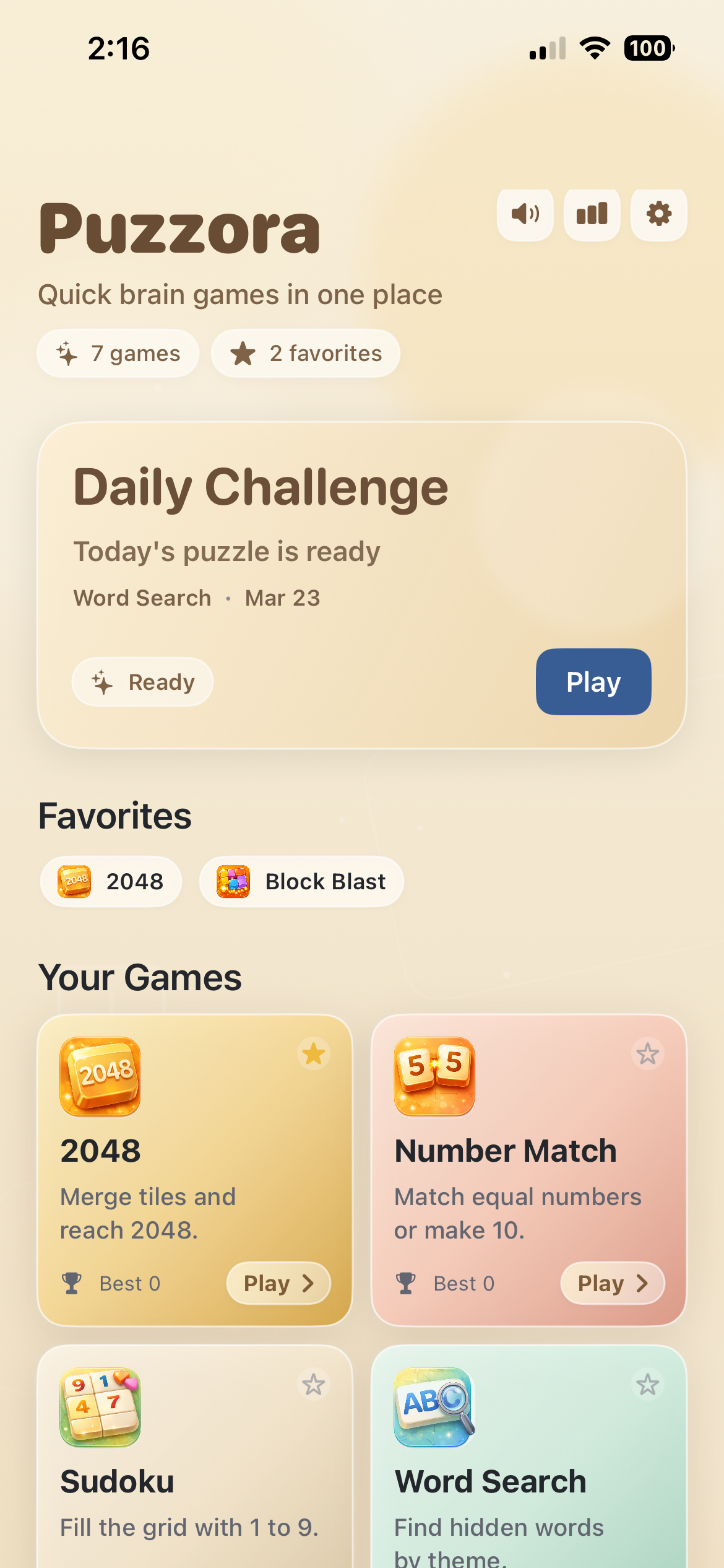 Puzzora app preview showing the puzzle collection home screen